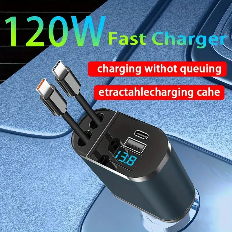 120W Fast Retractable Car Charger with 2 USB Type-C Cables - Universal Plug, No Battery Required, 13.8V Output, Compact Charger | Retractable Cable, Car Charger Adapter, Without Battery