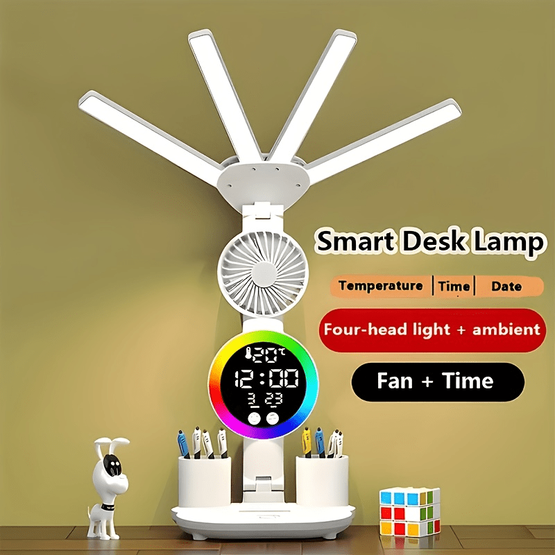 Smart Touch LED Desk Lamp with USB - Dual-Head, Dimmable And Color-Changing Reading Lamp, Built-In Fan And Night Light, Eye Protection Design, Perfect for Home Office And Dormitory Study - No Batterie