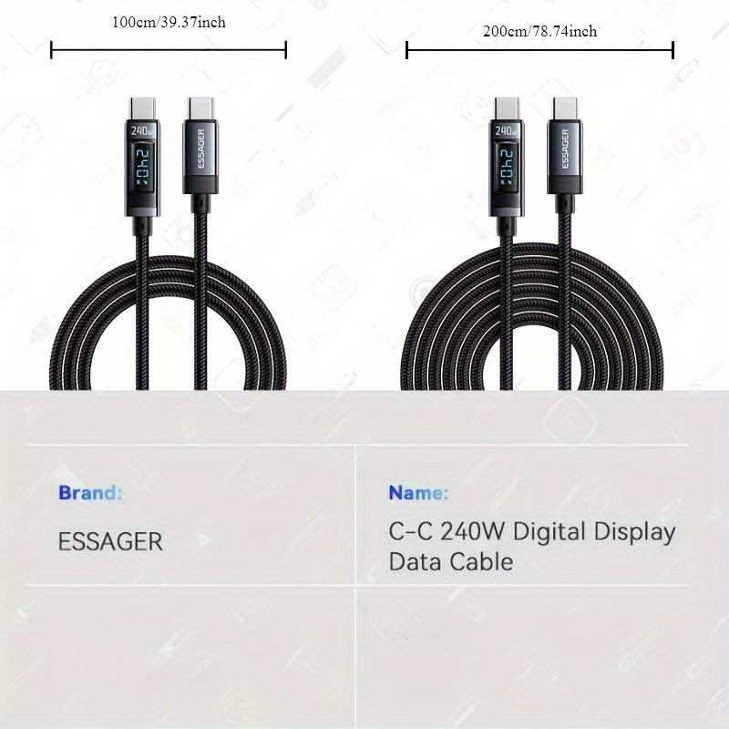 [Essager USB-C Cable] Essager 240W USB-C to USB-C Cable - PD 3.1 Fast Charge, Durable Braided Cord for MacBook Pro, Xiaomi, Laptops