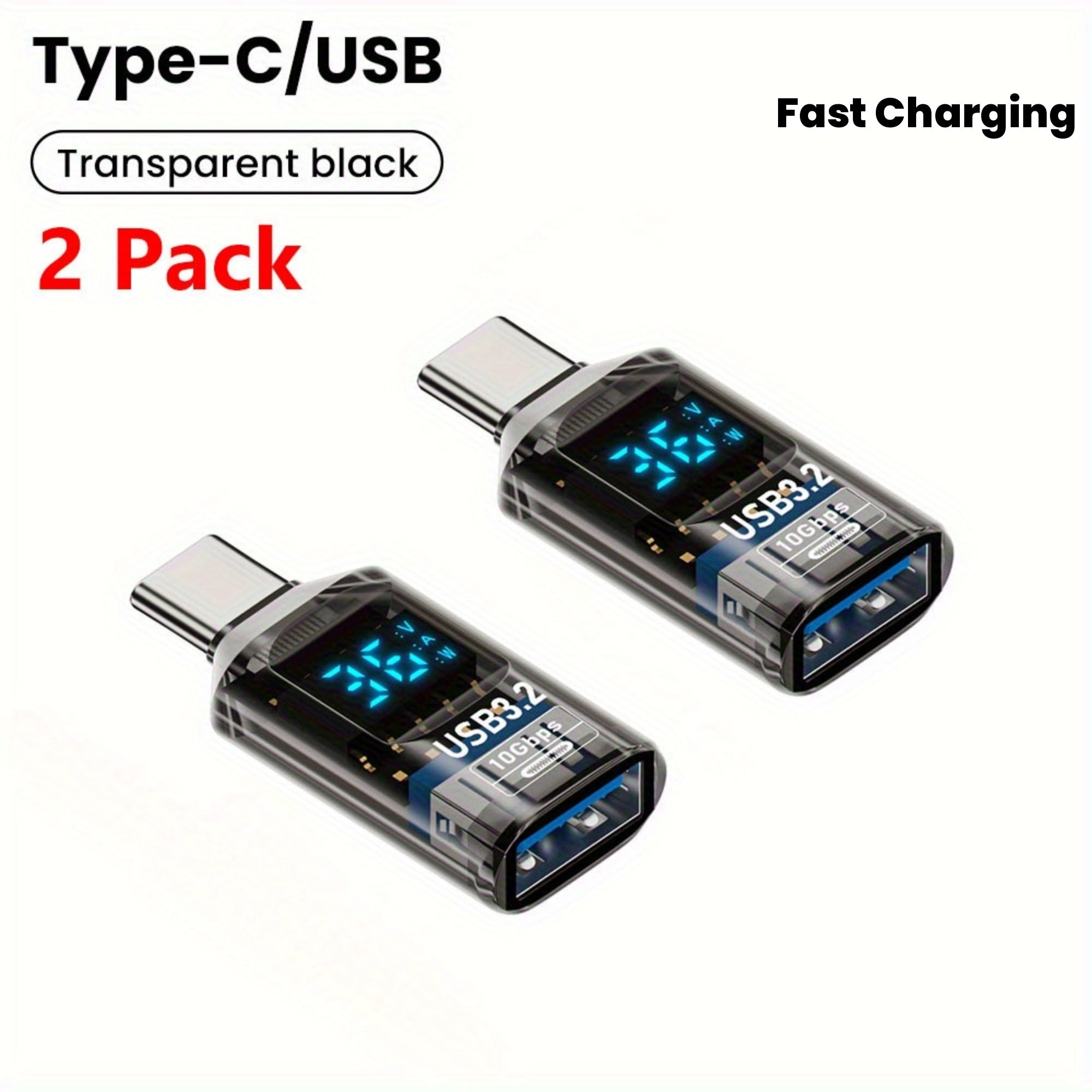 2pcs USB 3.2 Adapter with Real-Time Speed Display (USB-C Male to Female) - USB 3.2 Gen 2, Transparent casing, Fast Charging & Data Transfer for PC, Laptop, Smartphones, Tablets - Compatible with USB 3.0/2.0/1.1 Devices, Adapters for Multiple Devices