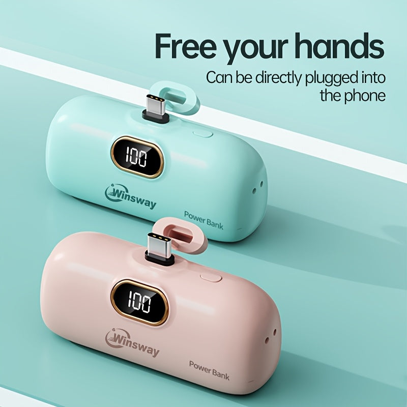 Winsway 5000mAh Portable Mobile Power Bank Type-C Capsule Wireless Fast Charging Compact Metal Tail Plug Upgrade Stable for Phone 16/16 Plus/15 Pro/15 Pro Max/Pad Pro/Android Phones