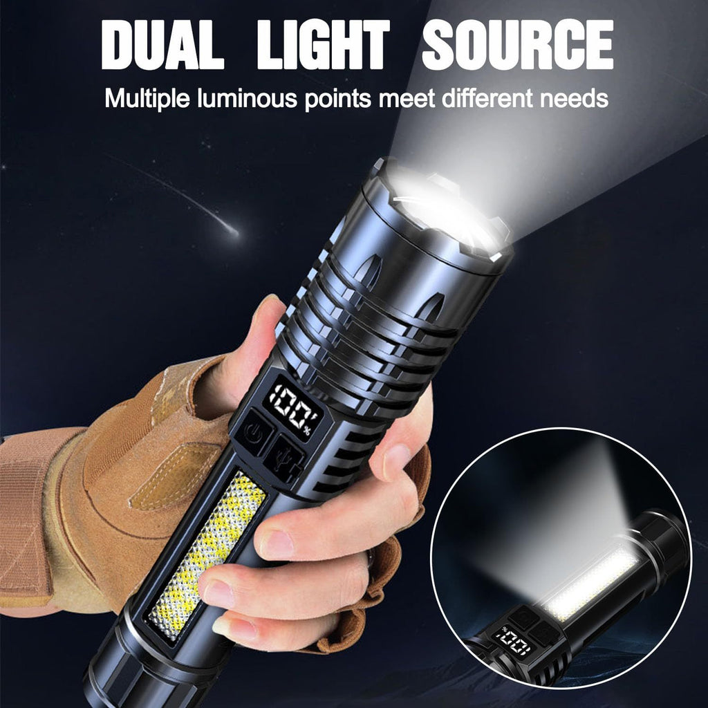 [Tactical Flashlight] 2 Packs Tactical Flashlight, Scalable USB Rechargeable, 5 Light Modes with COB Lamp, 200- 500m Adjustable Beam, ABS LED Ultra Bright Flashlight, Handheld Digital Flashlight, Suitable for Family Camping, Fishing, Hunting, Cycling, Em