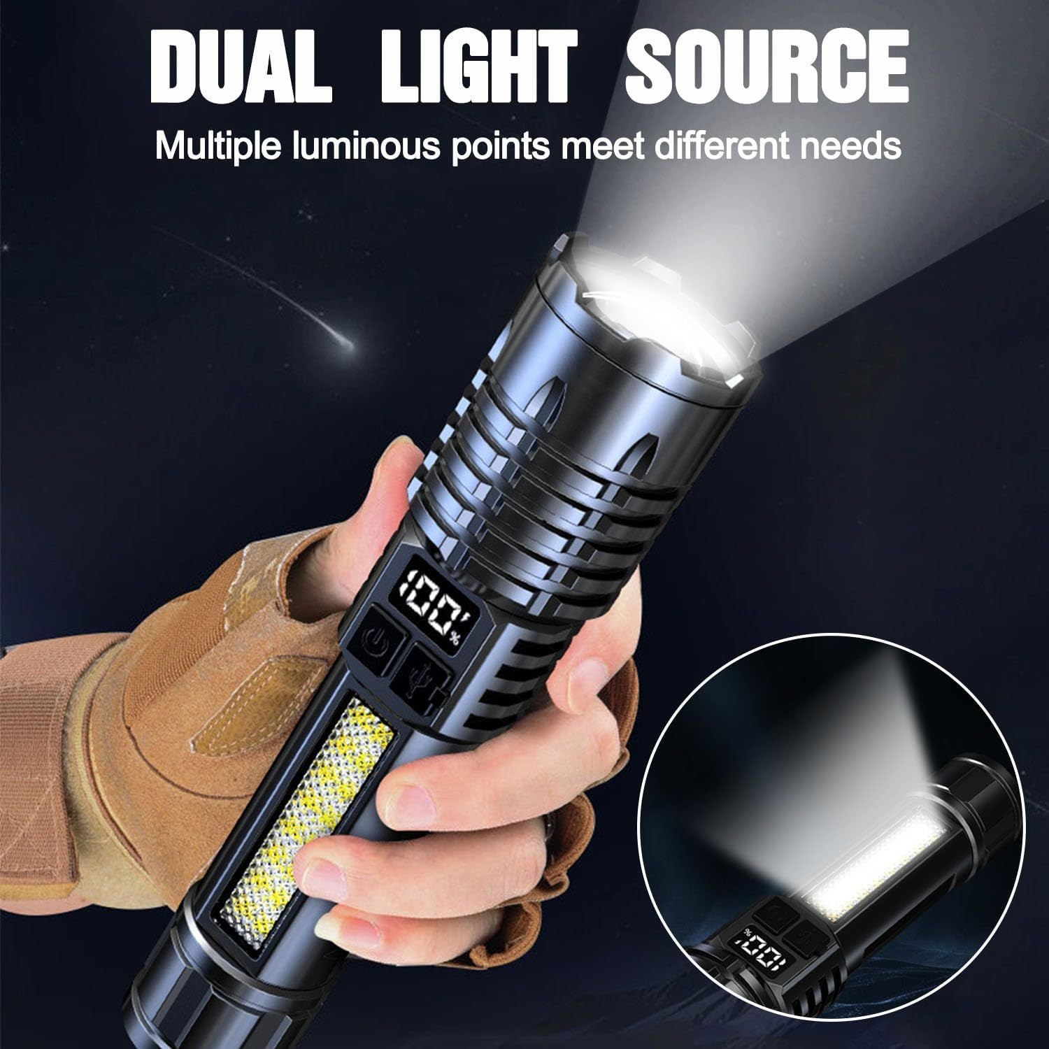 [Tactical Flashlight] 2 Packs Tactical Flashlight, Scalable USB Rechargeable, 5 Light Modes with COB Lamp, 200- 500m Adjustable Beam, ABS LED Ultra Bright Flashlight, Handheld Digital Flashlight, Suitable for Family Camping, Fishing, Hunting, Cycling, Em