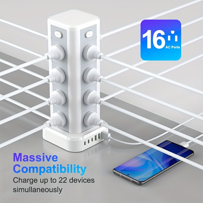 New Standing Power Strip/Power Strip/Socket, with 16 AC Sockets, 4 Independent Switches, 3 USB-A and 3 Type-C Ports, 2 Meters/6 Feet Extension Cord Power Strip and Surge Protector, Suitable for Home, Office, Kitchen, Garage and Dormitory Scenes