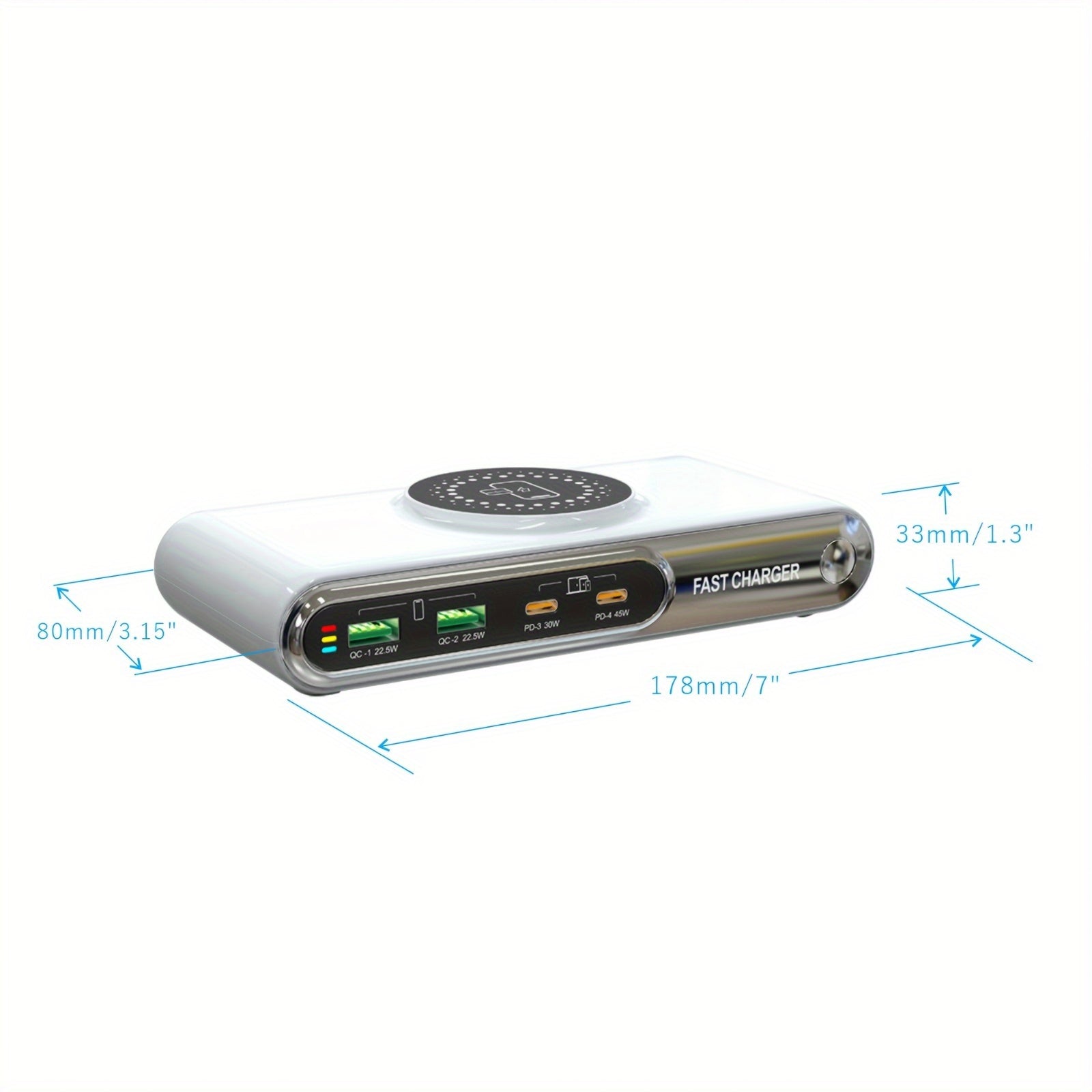 OMOIE 6-in-1 Multi-Devices Charging Station: PD+QC Fast Charger with 2x 22.5W QC Ports, 1x 30W PD Port, 1x 45W PD Port, 5-15W Wireless Charger, and LED Colorful Atmosphere Lighting - All-in-One Intelligent Charging Hub