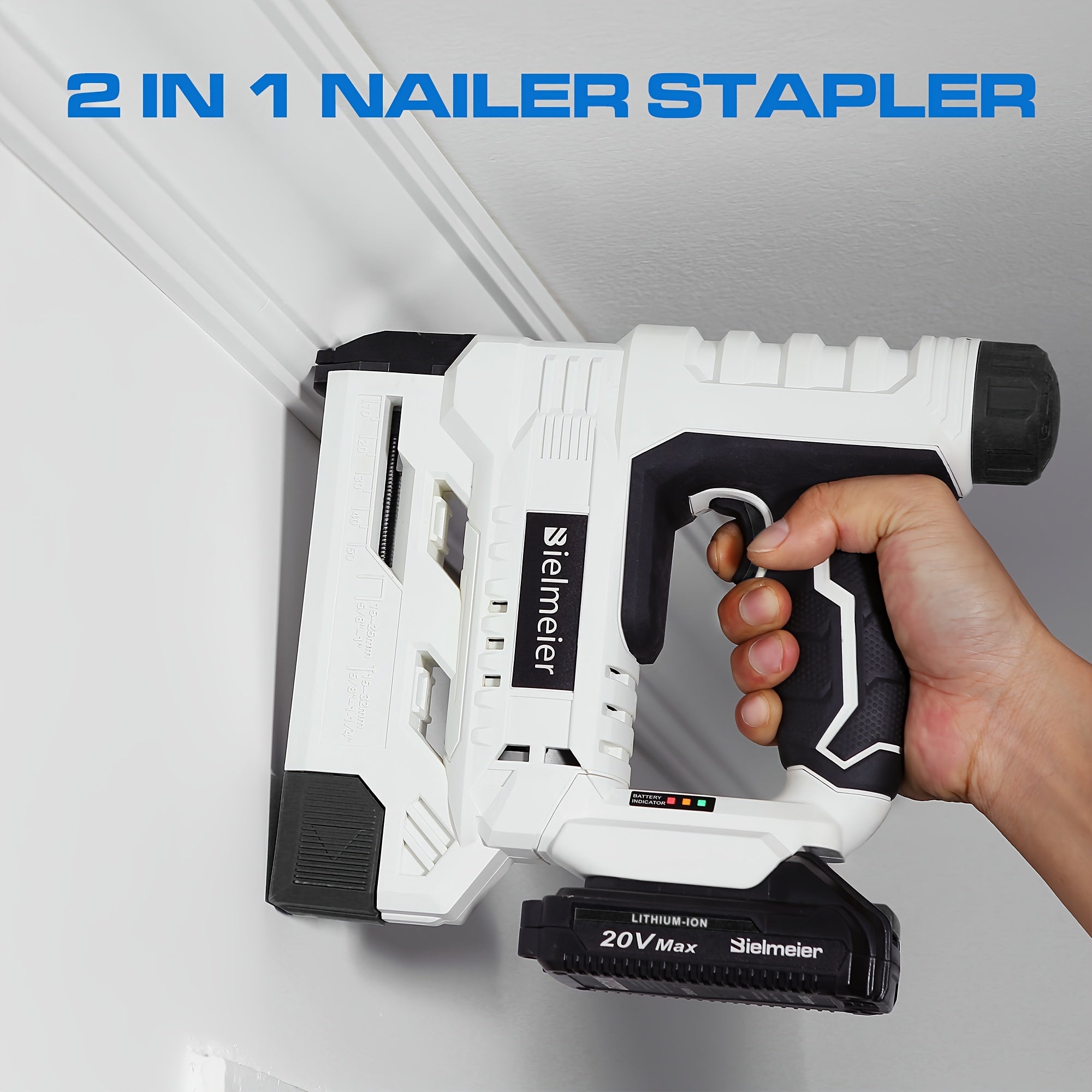 [Cordless 2-in-1 Nail Gun] Bielmeier 2-in-1 Cordless Nail Gun 20V/4V, No Compressor, No Cord, Lightweight Design for Carpentry & Upholstery, with LED Work Light, Safety Striker Guard, Adjustable Depth, Battery & Charger, 1600/2000 Nails & Staples