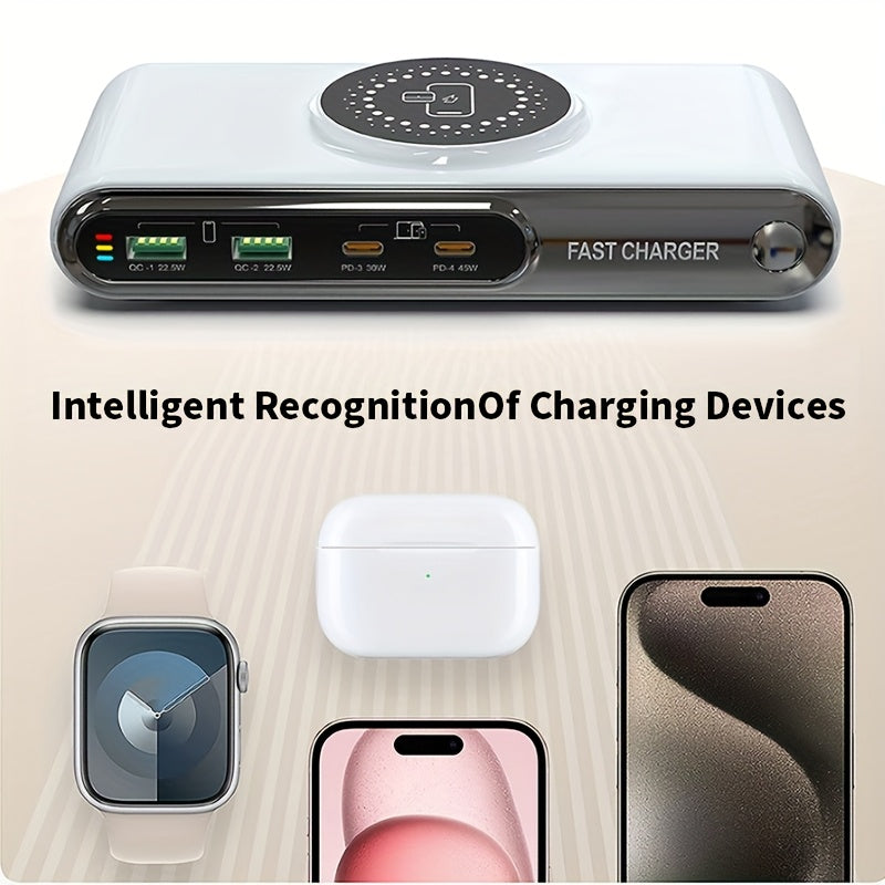 OMOIE 6-in-1 Multi-Devices Charging Station: PD+QC Fast Charger with 2x 22.5W QC Ports, 1x 30W PD Port, 1x 45W PD Port, 5-15W Wireless Charger, and LED Colorful Atmosphere Lighting - All-in-One Intelligent Charging Hub