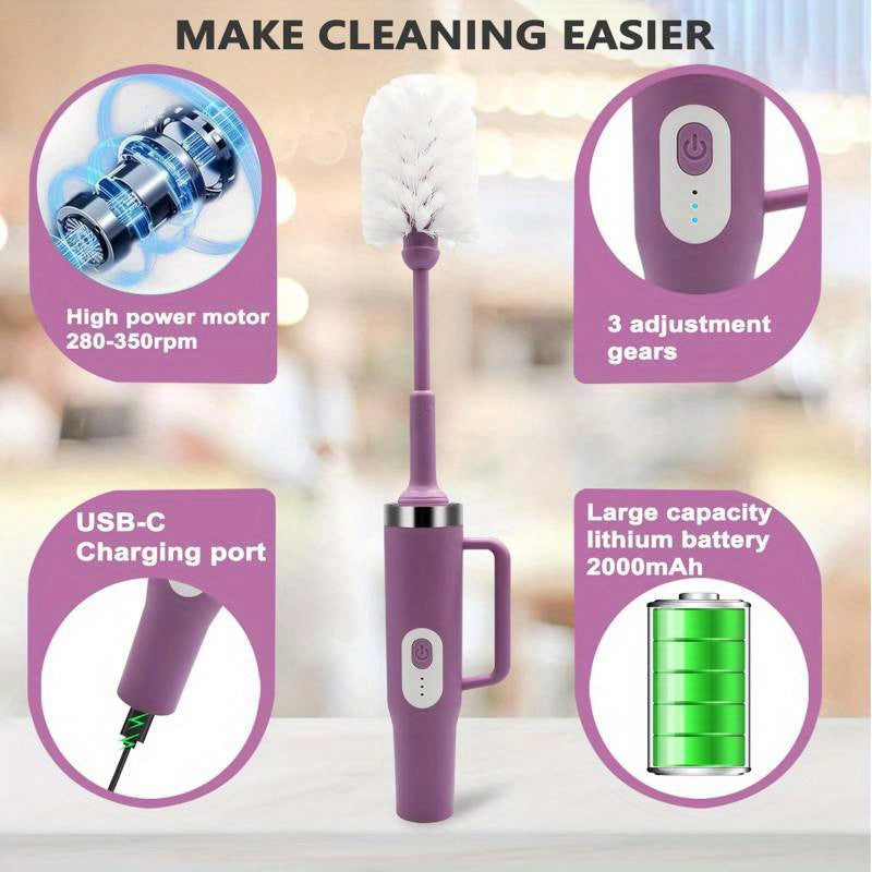 Electric Brush for Cleaning Water Bottles, Measuring 14, 8 Inches, Ideal for Various Containers Like Mugs, Water Cups, Glass Jars, And Stanley Cups, It Is Rechargeable, Features Two Speed Options, Includes a Straw Cleaning Brush, And Is Easy to Maintain
