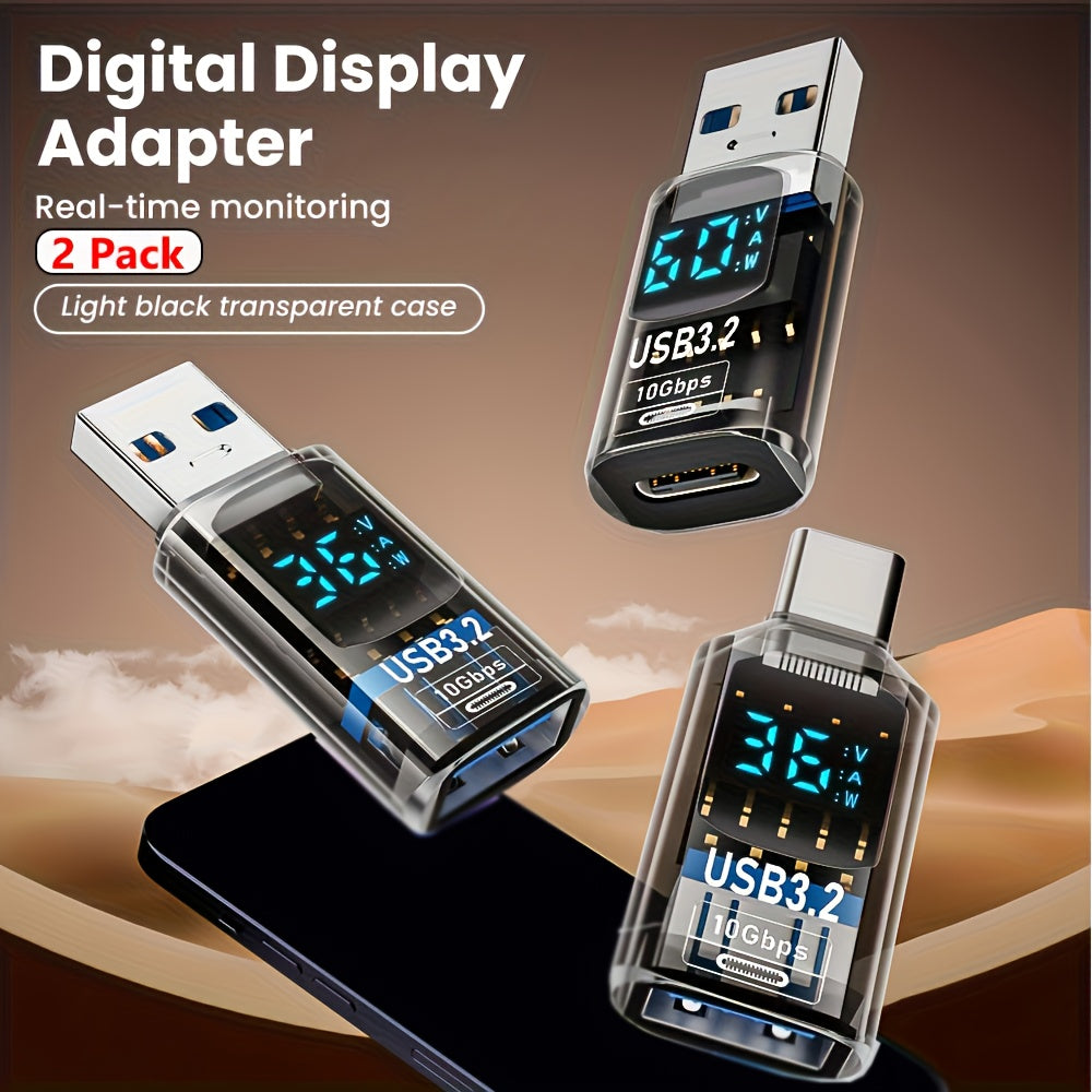 2pcs USB 3.2 Adapter with Real-Time Speed Display (USB-C Male to Female) - USB 3.2 Gen 2, Transparent casing, Fast Charging & Data Transfer for PC, Laptop, Smartphones, Tablets - Compatible with USB 3.0/2.0/1.1 Devices, Adapters for Multiple Devices