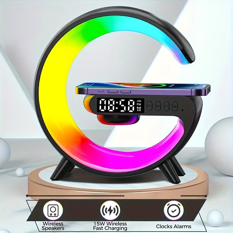 [Smart RGB Night Light] 256 Color Changing RGB Night Light with Fast Wireless Charger | Qi 15W Bedside Lamp, Mood Lighting, Ambient Glow, Bluetooth Speaker, Alarm Simulation Clock, Timer, Desk Decor, Smart Home for Samsung, iPhone, AirPods, Sunrise Simul