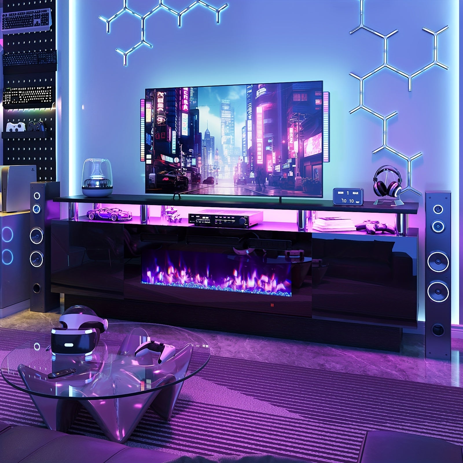 36" Electric Fireplace TV Stand with LED Lights - Modern High-Gloss Black Entertainment Center, Sturdy Stainless Steel & Engineered Wood, Closed Storage for TVs Up to 80", CSA/ETL Certified Heater with Overheat Protection, Electric Fireplace for Living R