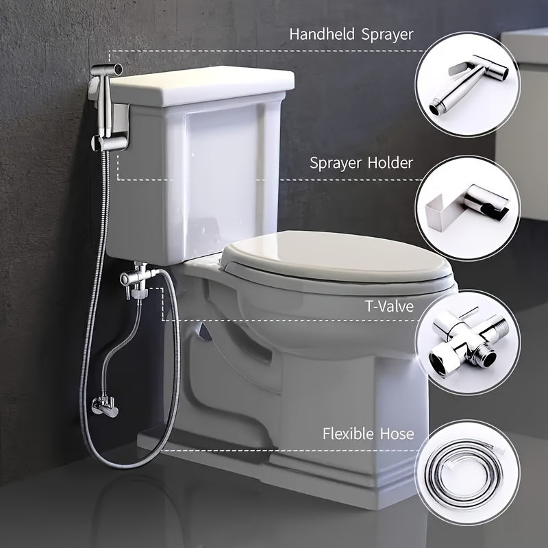 4pcs Stainless Steel Handheld Bidet Sprayer Set for Toilet - Easy Install, No-Drill Hook-On Design, High-Pressure Water Spray Gun for Bathroom Cleaning & Personal Hygiene, G1/2" Connector, Adjustable Pressure Control