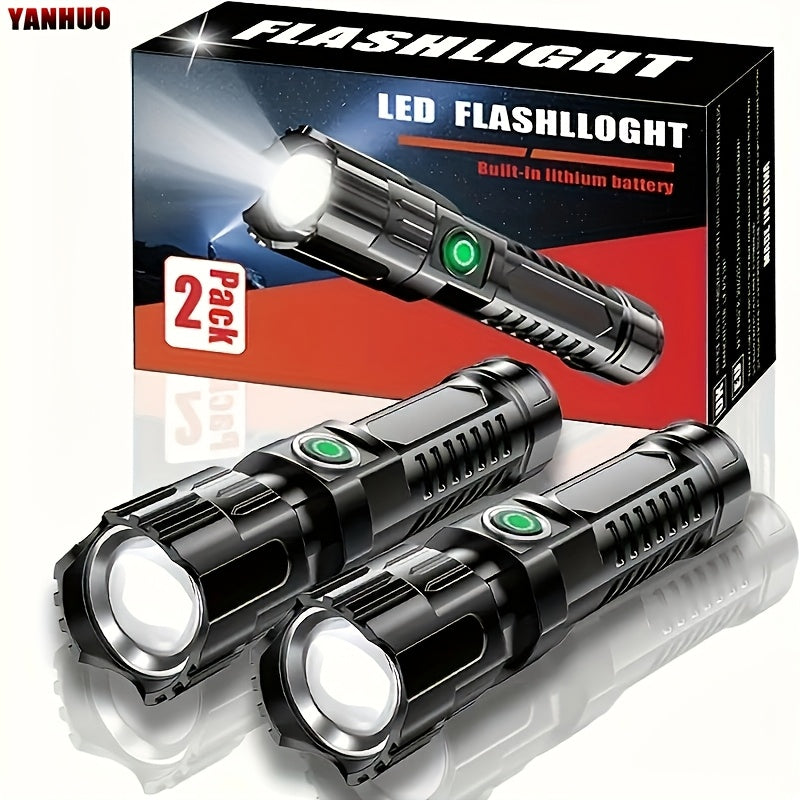 2-Pack YANHUO LED Flashlights, 350 Lumen Ultra-Bright, 3 Modes, Zoomable, Rechargeable 800mAh Lithium Battery, Portable for Camping, Outdoor Hiking, Home Emergency, USB Charging, ABS Material, Non-Waterproof, Includes Charging Cable & Guide, Ideal for Ha