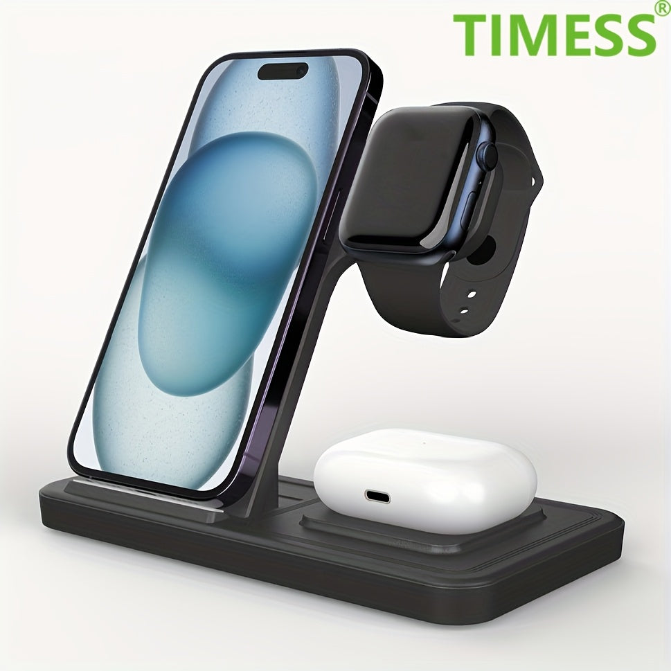 [Fast Wireless Charger Stand] 15W Wireless Charger Stand, TIMESS 3 In 1 Fast Charging Station - For iPhone 15, 14, 13, 12, 11/Pro/Max/Mini/Plus, X, XR, XS/Max, SE, 8/Plus, iWatch 1-9, Airpods 3/2/Pro