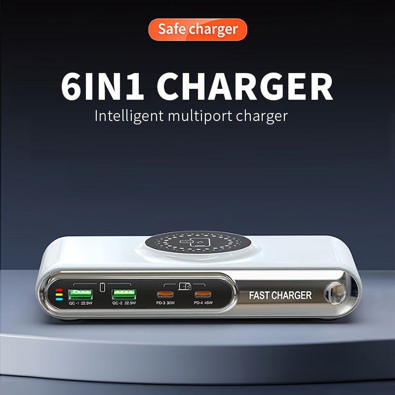OMOIE 6-in-1 Multi-Devices Charging Station: PD+QC Fast Charger with 2x 22.5W QC Ports, 1x 30W PD Port, 1x 45W PD Port, 5-15W Wireless Charger, and LED Colorful Atmosphere Lighting - All-in-One Intelligent Charging Hub