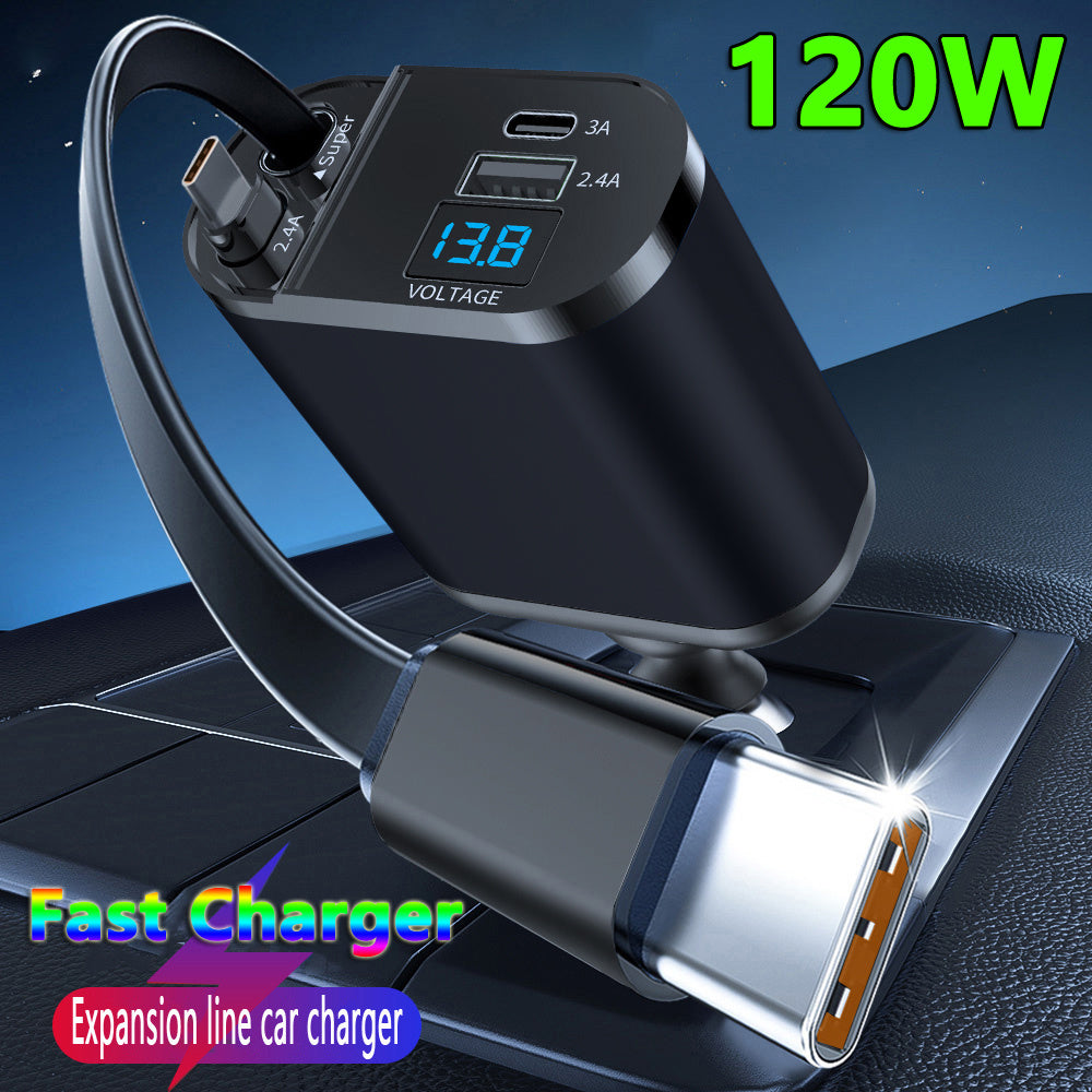 120W Fast Retractable Car Charger with 2 USB Type-C Cables - Universal Plug, No Battery Required, 13.8V Output, Compact Charger | Retractable Cable, Car Charger Adapter, Without Battery