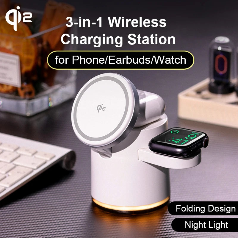 2025 New Qi2 Wireless Charger 3-in-1 Fast Charging Station Stand Folding Holder for iPhone16 15 14 ProMax Airpods Apple Watch