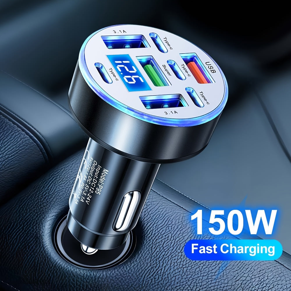 120W 8 - In - 1 Car Charger Featuring A Digital Voltage Display. Equipped with 4 USB And 4 PD Ports, Car Atmosphere Light, Car Accessories for Men, for iPhone 16/15/14/13/12/11 And for Android GPS Dash Cam
