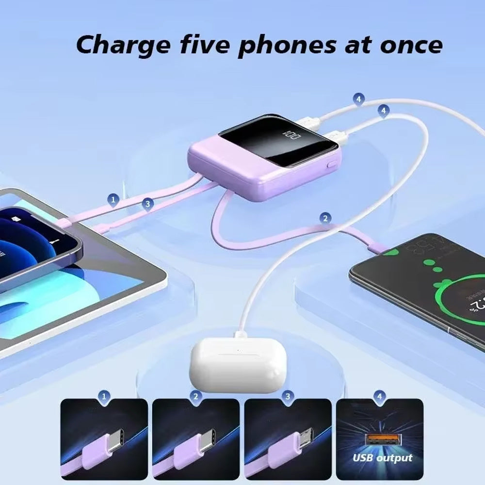 Compact and Portable Large Capacity Fast Charging Mobile Power Bank with 4 Cables, 20000 MAh Lanyard Design, Mini Power Bank