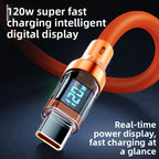 120W Super Fast Charging USB-C Cable, Real-time Digital Display, LED Screen, Flat Nylon, USB Power Supply, Max 36V, Type-C to USB and Type-C to Type-C, 50-80W Input, >80W Max Output, Data Transmission, Battery Not Included