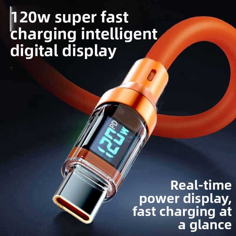 120W Super Fast Charging USB-C Cable, Real-time Digital Display, LED Screen, Flat Nylon, USB Power Supply, Max 36V, Type-C to USB and Type-C to Type-C, 50-80W Input, >80W Max Output, Data Transmission, Battery Not Included