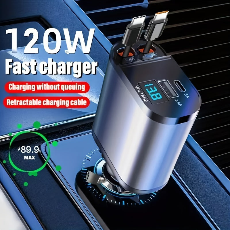 120W Fast Retractable Car Charger with 2 USB Type-C Cables - Universal Plug, No Battery Required, 13.8V Output, Compact Charger | Retractable Cable, Car Charger Adapter, Without Battery