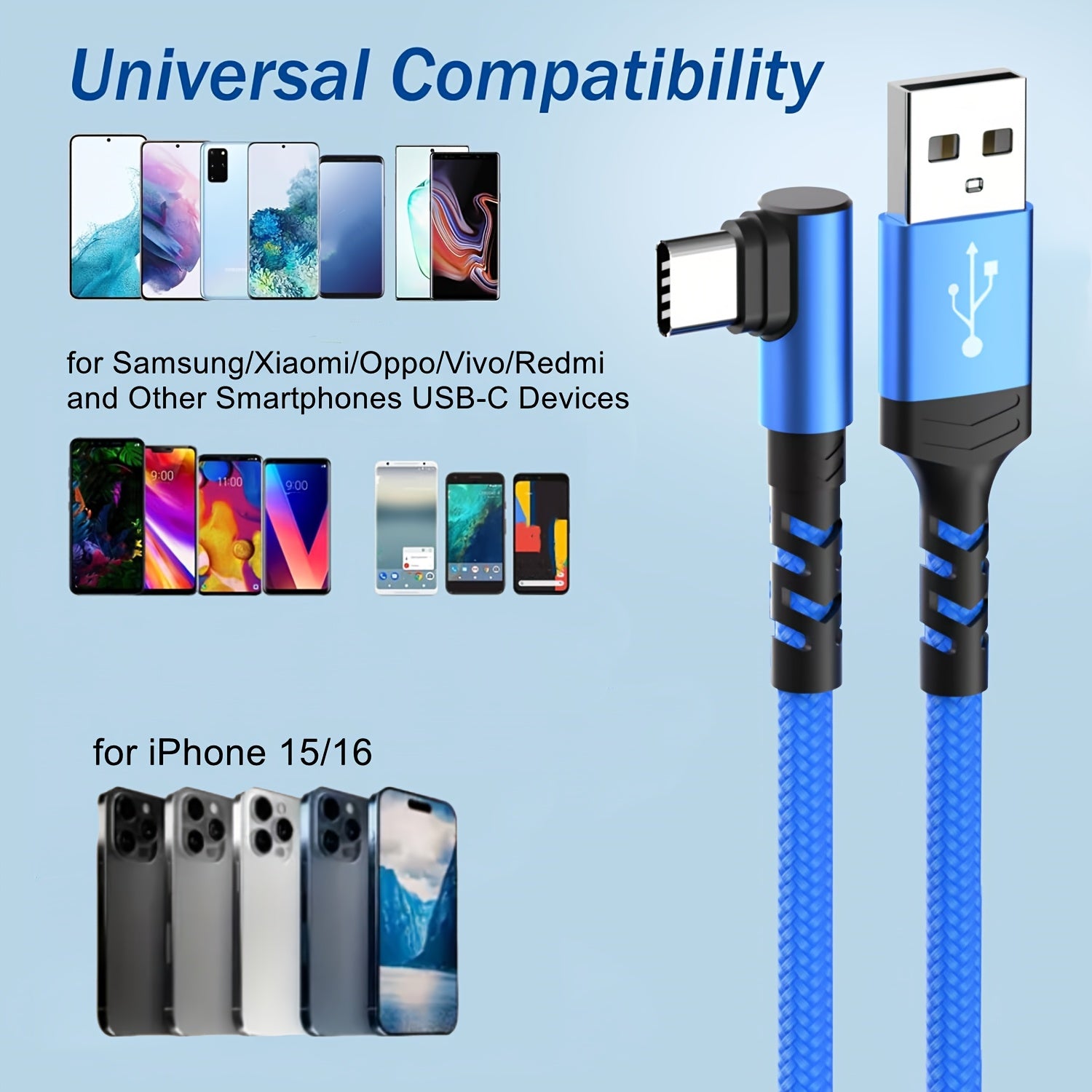 USB-C Fast Charging Cable, 3.3ft/6.6ft/9.9ft Nylon Braided, Compatible with for, Xiaomi, Redmi, Oppo, OnePlus, for iPhone 15/16 Series, for Smartphone Charging and Data Syncing