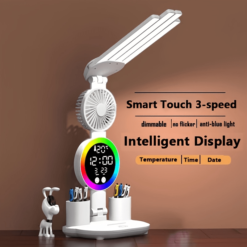 Smart Touch LED Desk Lamp with USB - Dual-Head, Dimmable And Color-Changing Reading Lamp, Built-In Fan And Night Light, Eye Protection Design, Perfect for Home Office And Dormitory Study - No Batterie