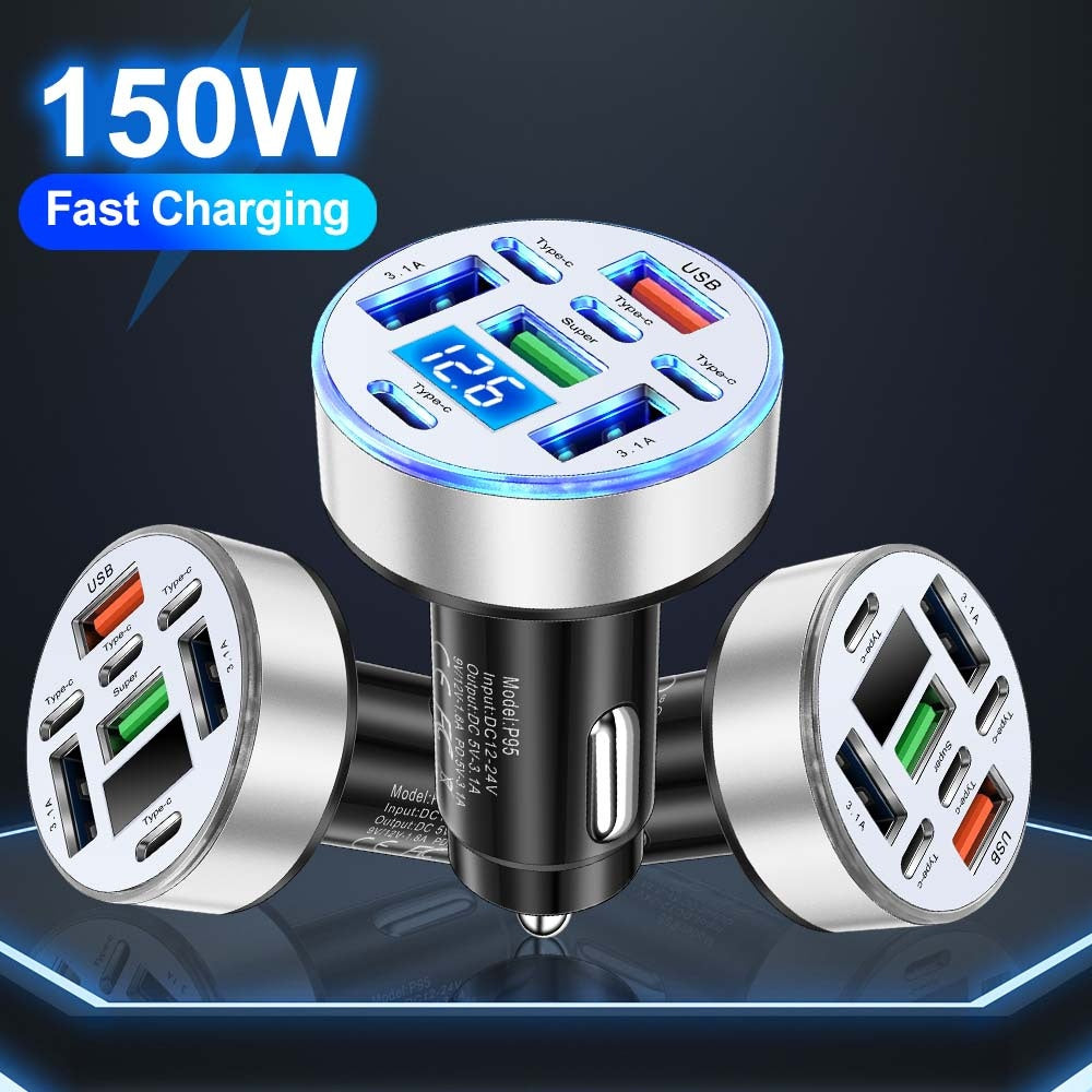 120W 8 - In - 1 Car Charger Featuring A Digital Voltage Display. Equipped with 4 USB And 4 PD Ports, Car Atmosphere Light, Car Accessories for Men, for iPhone 16/15/14/13/12/11 And for Android GPS Dash Cam