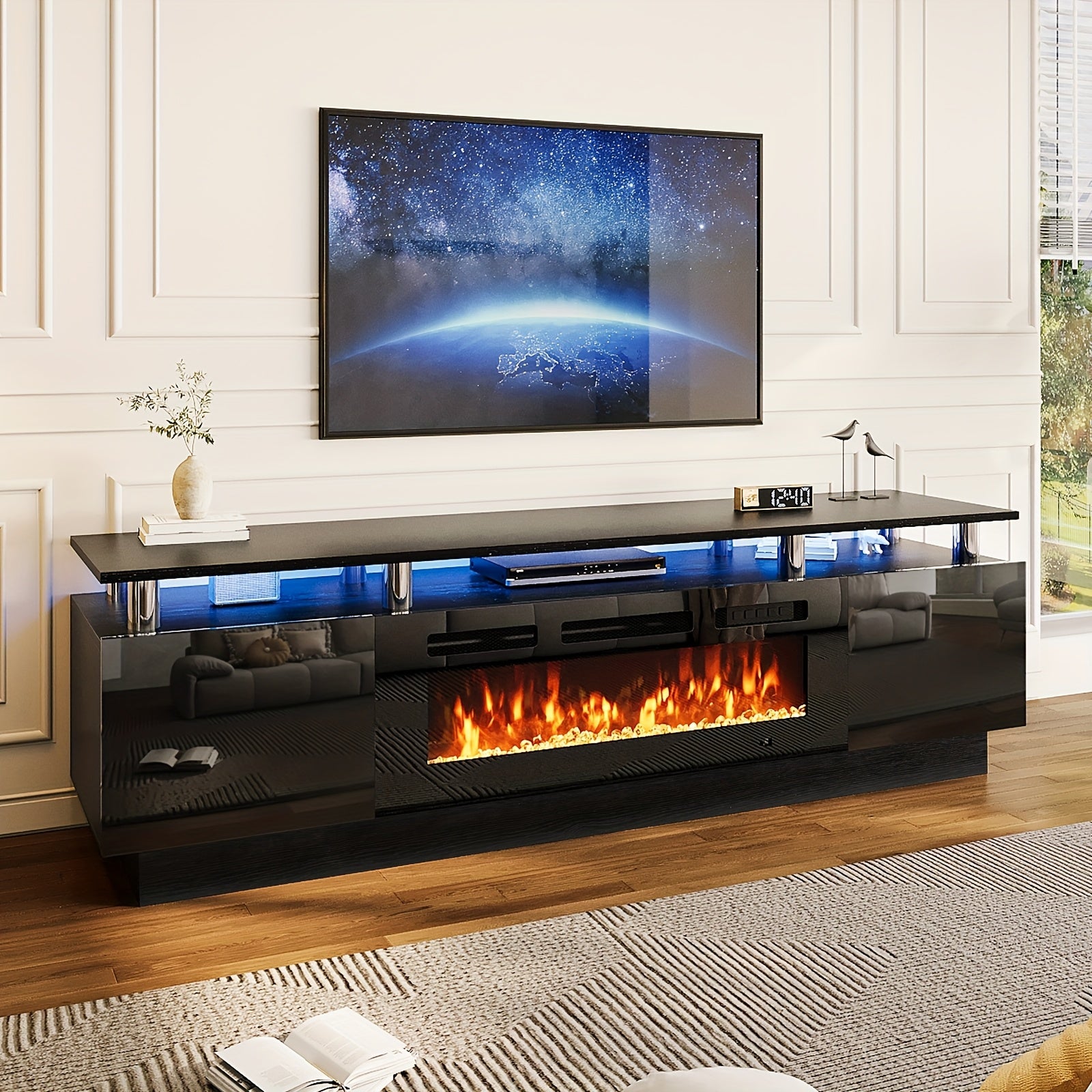 36" Electric Fireplace TV Stand with LED Lights - Modern High-Gloss Black Entertainment Center, Sturdy Stainless Steel & Engineered Wood, Closed Storage for TVs Up to 80", CSA/ETL Certified Heater with Overheat Protection, Electric Fireplace for Living R