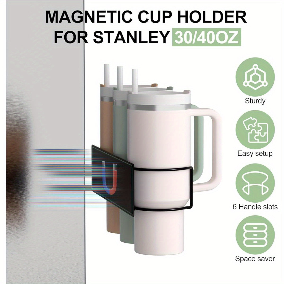 Magnetic Holder for Stanley Cups Designed for Refrigerators, Featuring a Storage Rack for Water Bottles And a Lid Organizer, Suitable for 30 And 40 Oz Tumblers And Includes a Holder for Lids