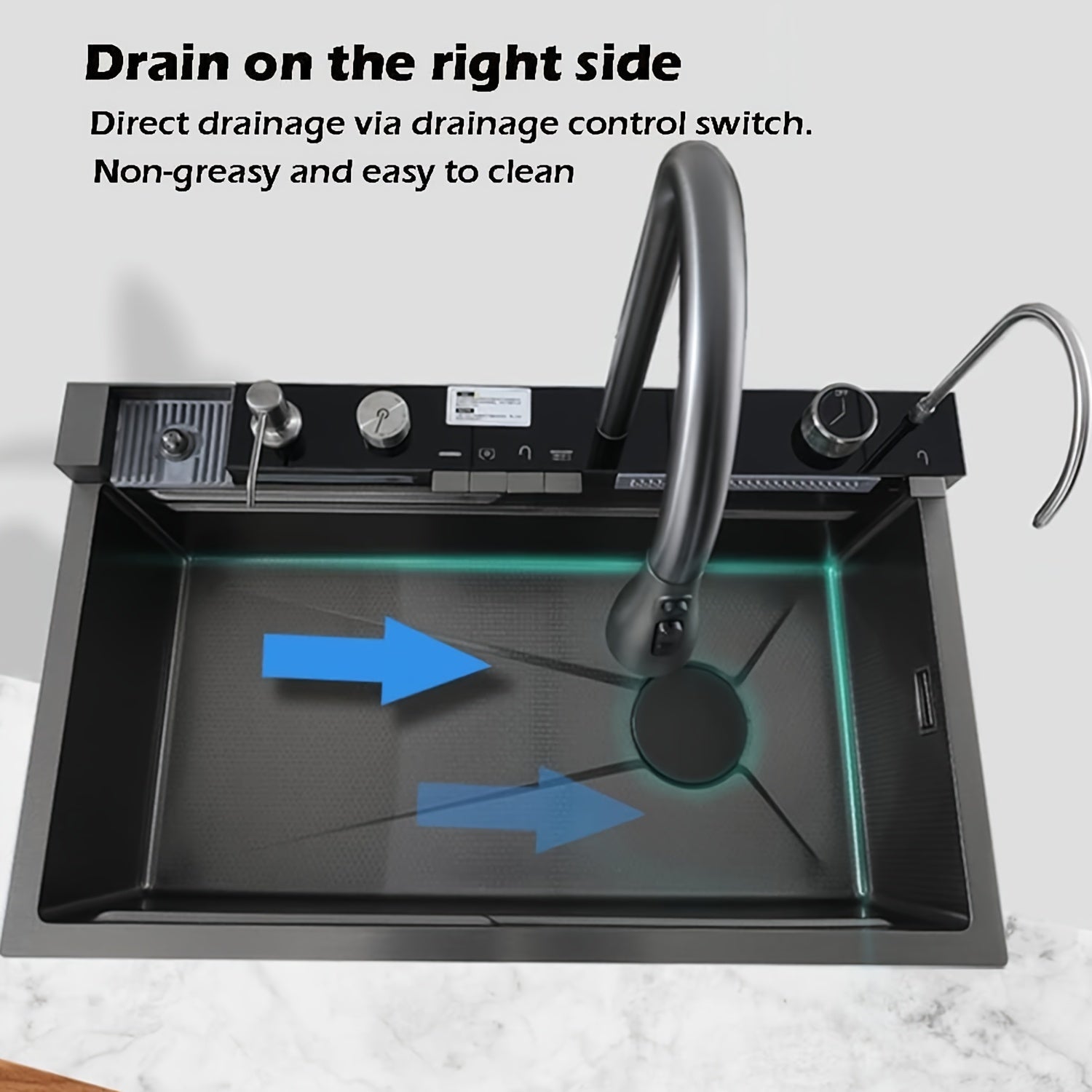 30x18 Inch Two Waterfalls Nano Smart Kitchen Sink with Digital Display Pull-Out Faucet, Stainless Steel Water-Saving Multifunctional Workstation Sink, Valve Core & Baked Enamel Finish, Includes Accessories (Drinking Water Safe), Kitchen Sink Accessories,