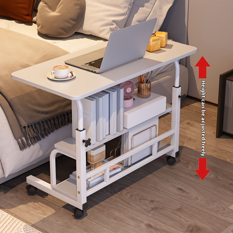 Doublelayer Metal Foldable Desk With Wheels Storage Rack Adjustable Height And Spacious Tabletop Versatile For Studying Working And Relaxing Perfect For Bedrooms Living Rooms And Offices.