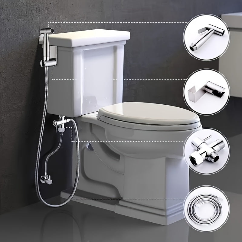 4pcs Stainless Steel Handheld Bidet Sprayer Set for Toilet - Easy Install, No-Drill Hook-On Design, High-Pressure Water Spray Gun for Bathroom Cleaning & Personal Hygiene, G1/2" Connector, Adjustable Pressure Control
