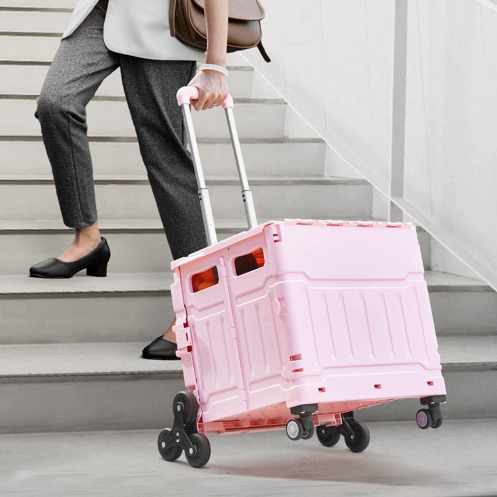 Foldable Cart with Stair Climbing Wheels Collapsible Rolling Crate 65L