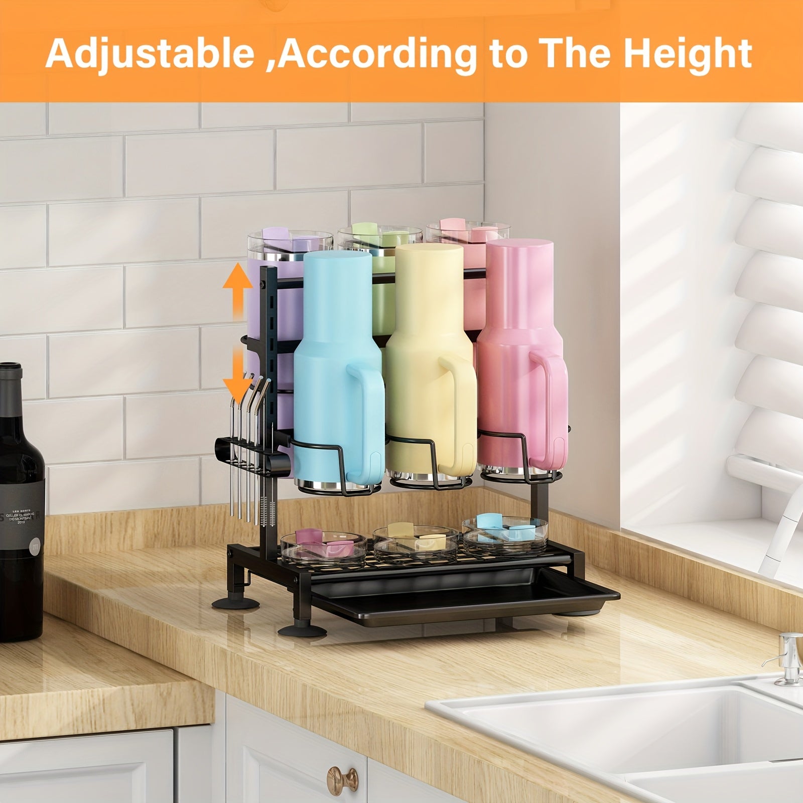 Adjustable 40oz Cup Holder, Water Bottle Organizer Rack For Kitchen Cabinets, Easy-to Carry Kitchen Organizers & Storage For Cup Accessories