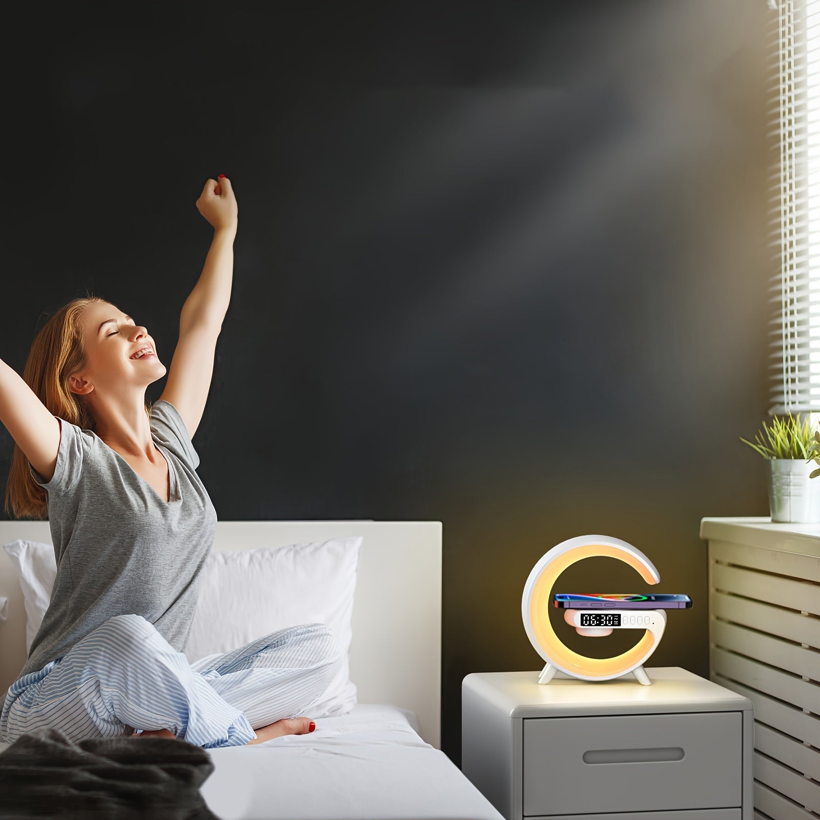 [Smart RGB Night Light] 256 Color Changing RGB Night Light with Fast Wireless Charger | Qi 15W Bedside Lamp, Mood Lighting, Ambient Glow, Bluetooth Speaker, Alarm Simulation Clock, Timer, Desk Decor, Smart Home for Samsung, iPhone, AirPods, Sunrise Simul